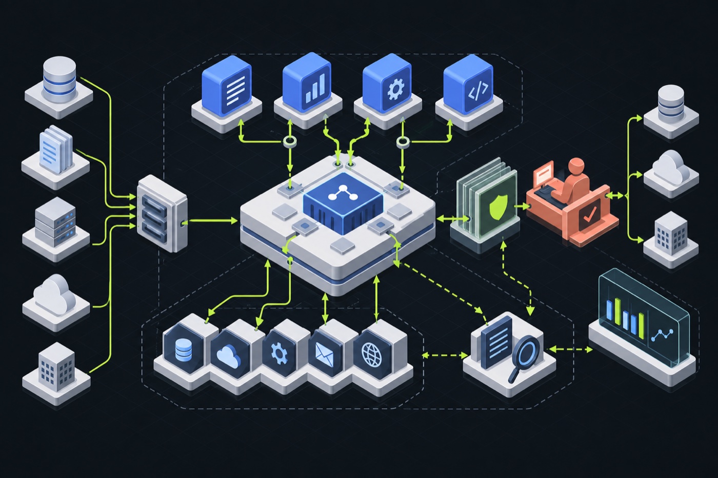 Enterprise agent architecture with specialized agents, data sources, policy guardrails, human approval, and observability around an orchestration layer