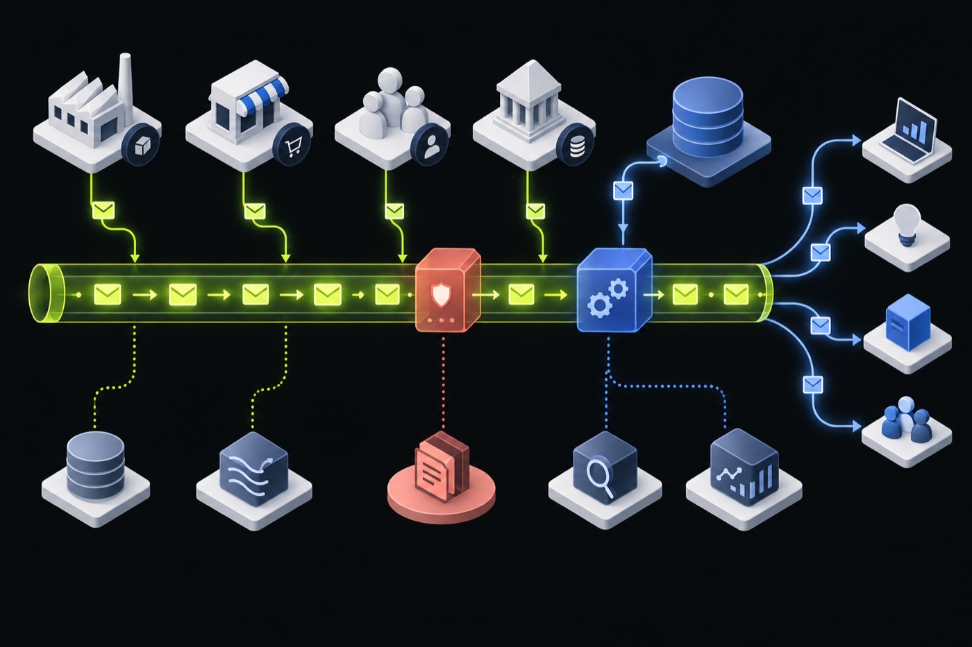 Event-driven architecture connecting business domains through governance, stream processing, storage, and downstream data products